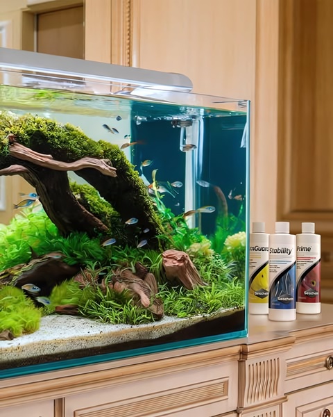 A clean, high-end display featuring Seachem water treatment bottles positioned next to a professionally aquascaped, lush freshwater tank.